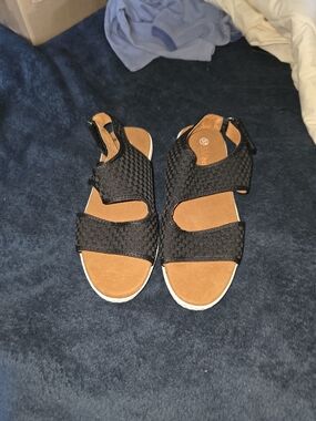 bernie mev. Black Woven Slingback Sandals with Tan Footbed
